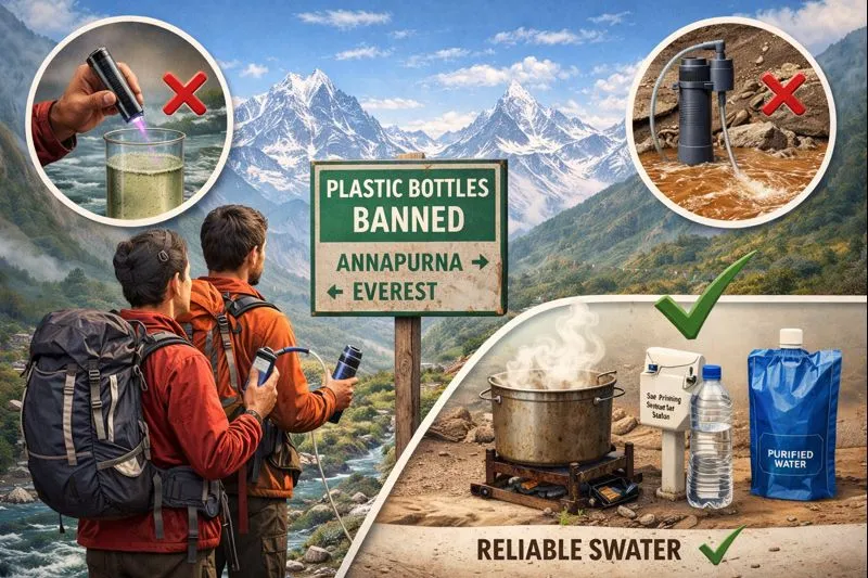Ein Leitfaden für Trekker zu Nepals Plastikflaschenverboten in Annapurna und Everest. Deckt ab, warum Filter und UV-Stifte ausfallen und zuverlässige Möglichkeiten, um sicheres Trinkwasser zu erhalten.