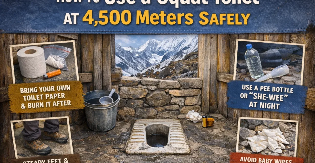So benutzen Sie eine Kniebeugetoilette auf 4.500 Metern sicher